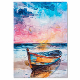 Watercolor Painting of Colorful Wooden Rowboat on Sandy Beach with Sunset Reflections and Dramatic Sky over the Ocean on Ready to Hang 1.5" Thick Canvas Wrap, Floating Framed Canvas, Flat Rolled Canvas